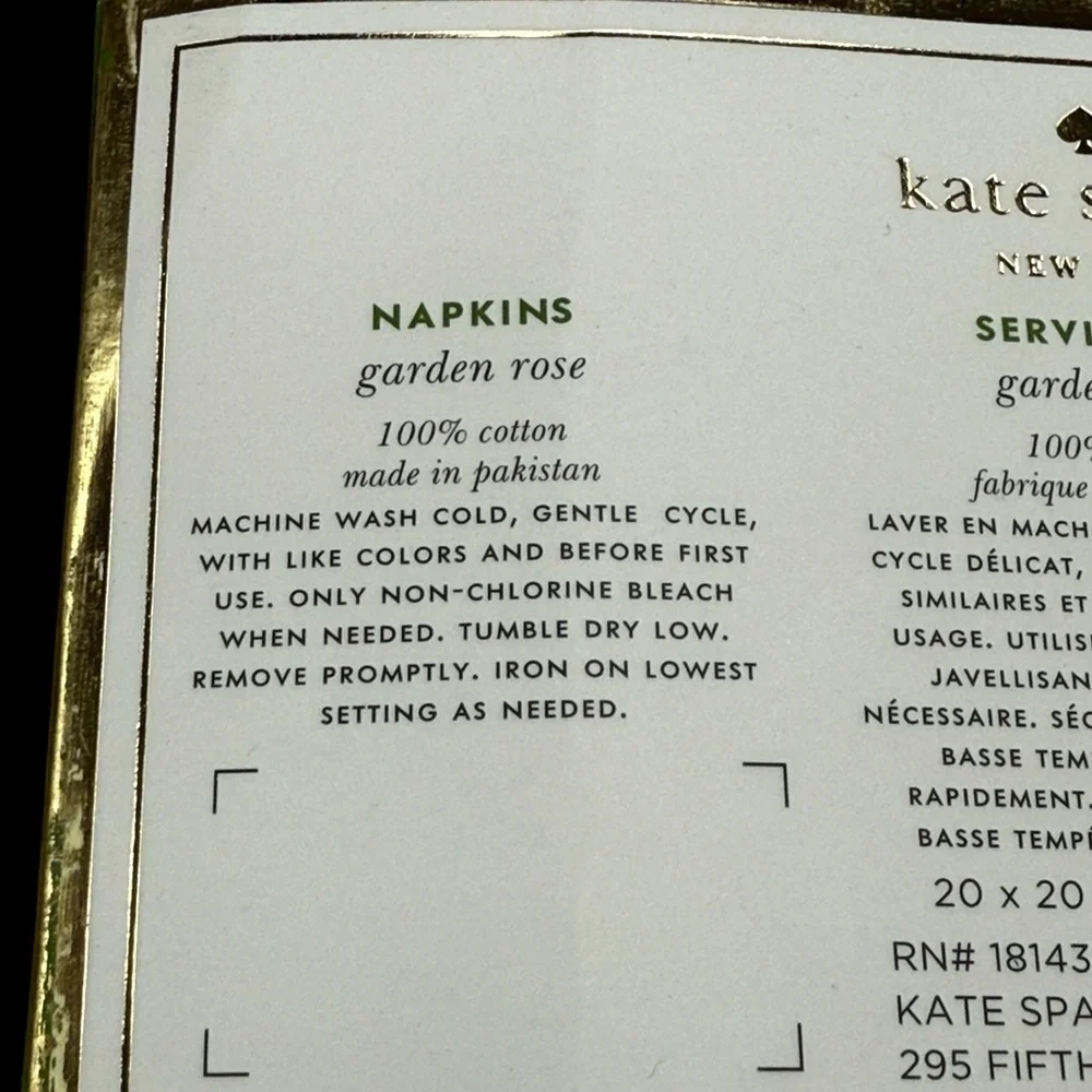 Kate Spade Cloth Napkins Set of 4 Garden Rose 100% Cotton Floral 20